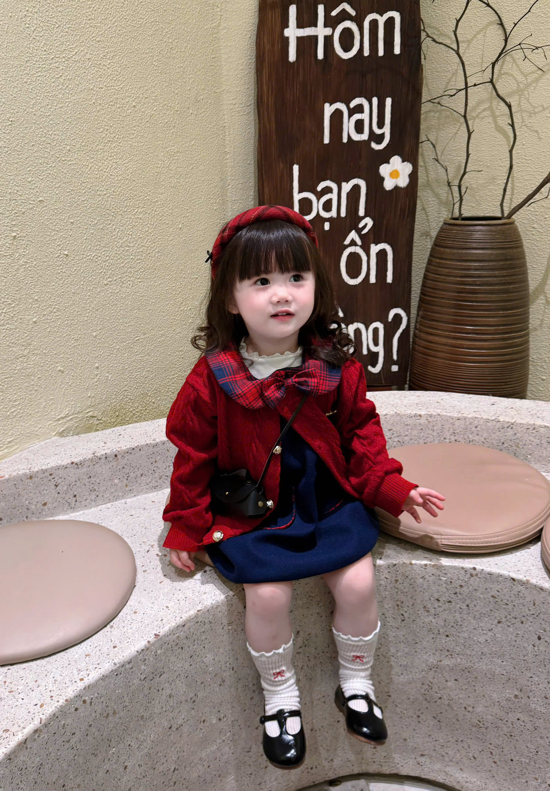 Bt728- Set váy dạ bé gái phối cadigan đỏ