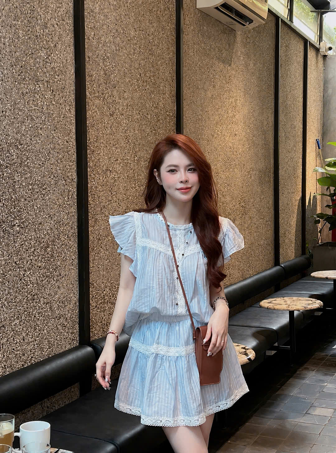SET1030- Set áo babydoll phối ren kẻ xanh kèm chân váy