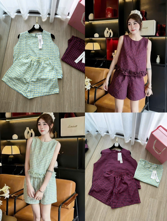 SET1001- Set áo đũi sát nách kẻ 2 màu xanh hồng