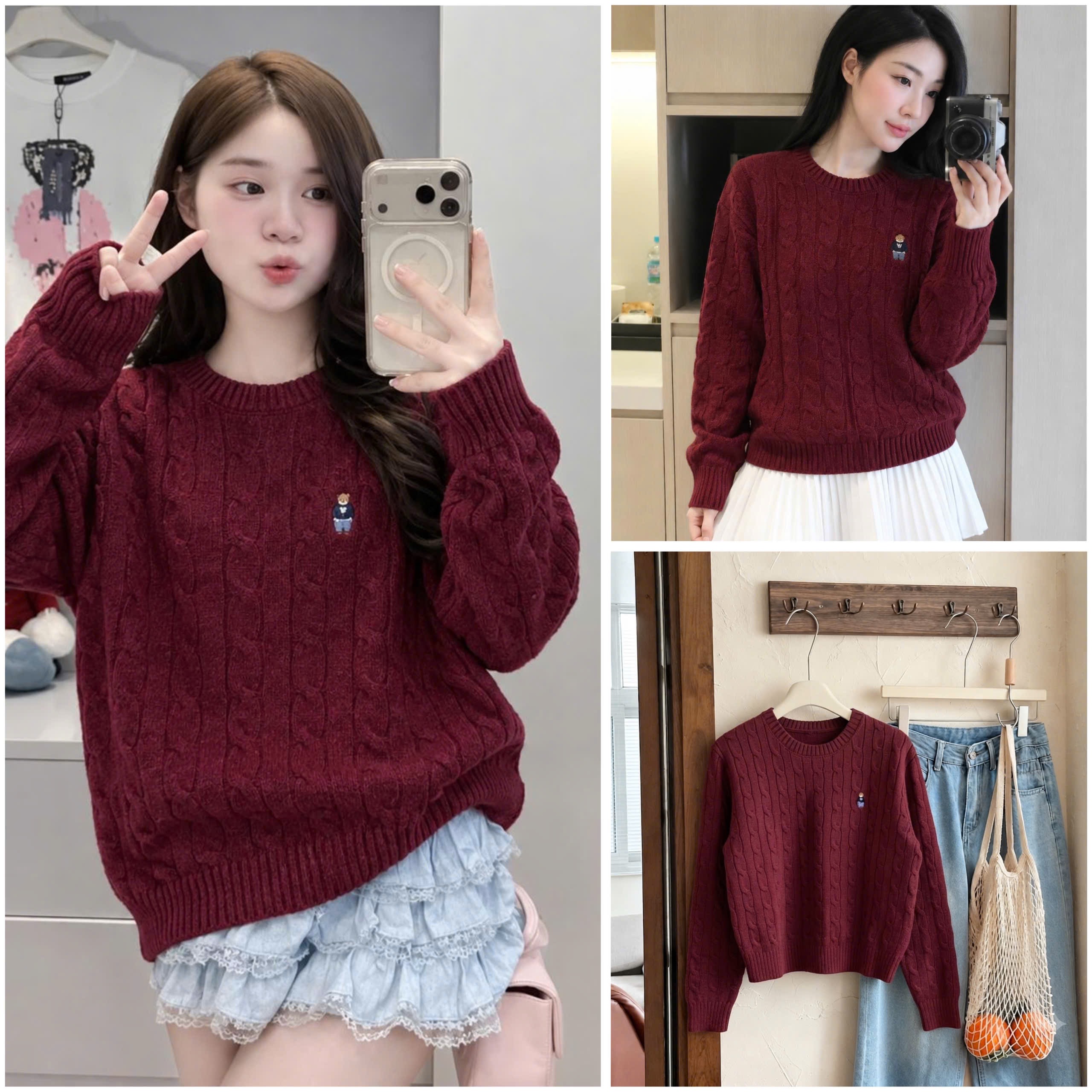 A712- Áo len thừng đỏ mận thêu gấu hàng nhà máy đủ tem