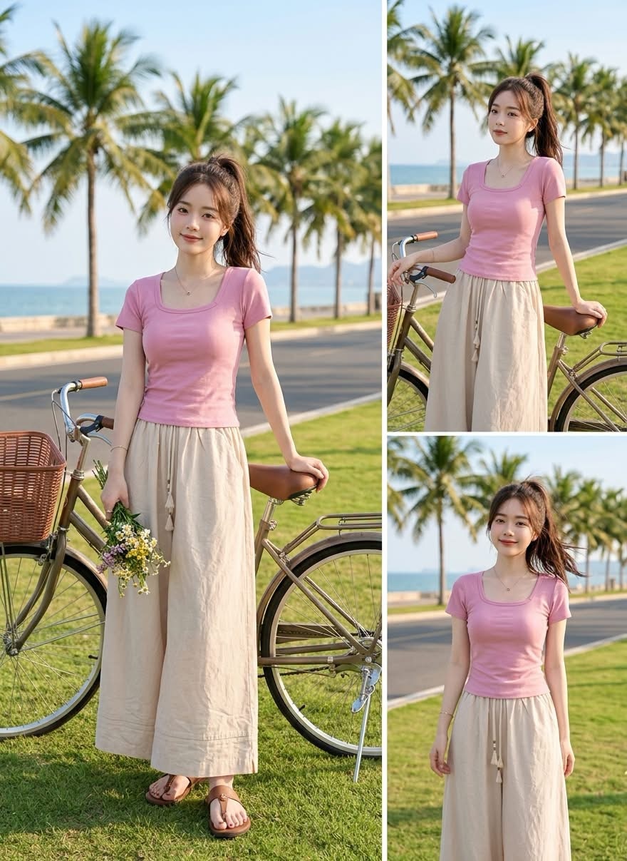 SET1018-Set thun cộc áo hồng kèm quần suông
