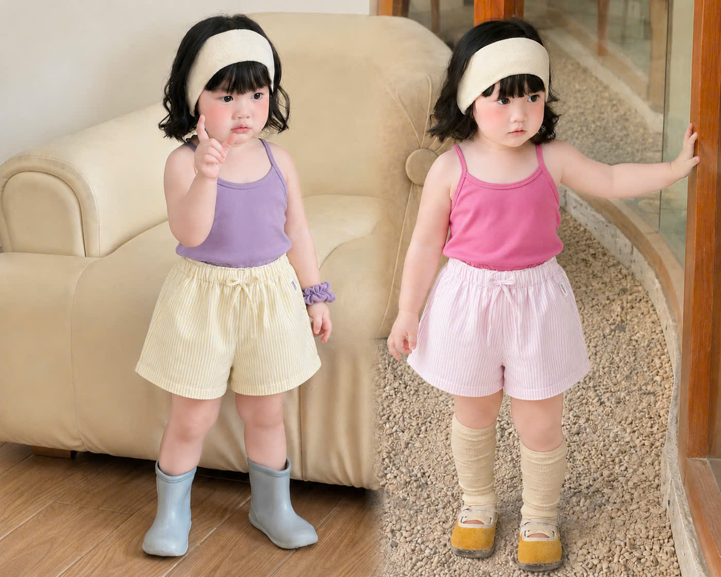 BT971-Combo 2 bộ áo dây quần cộc hồng tím chất cotton mát cho bé
