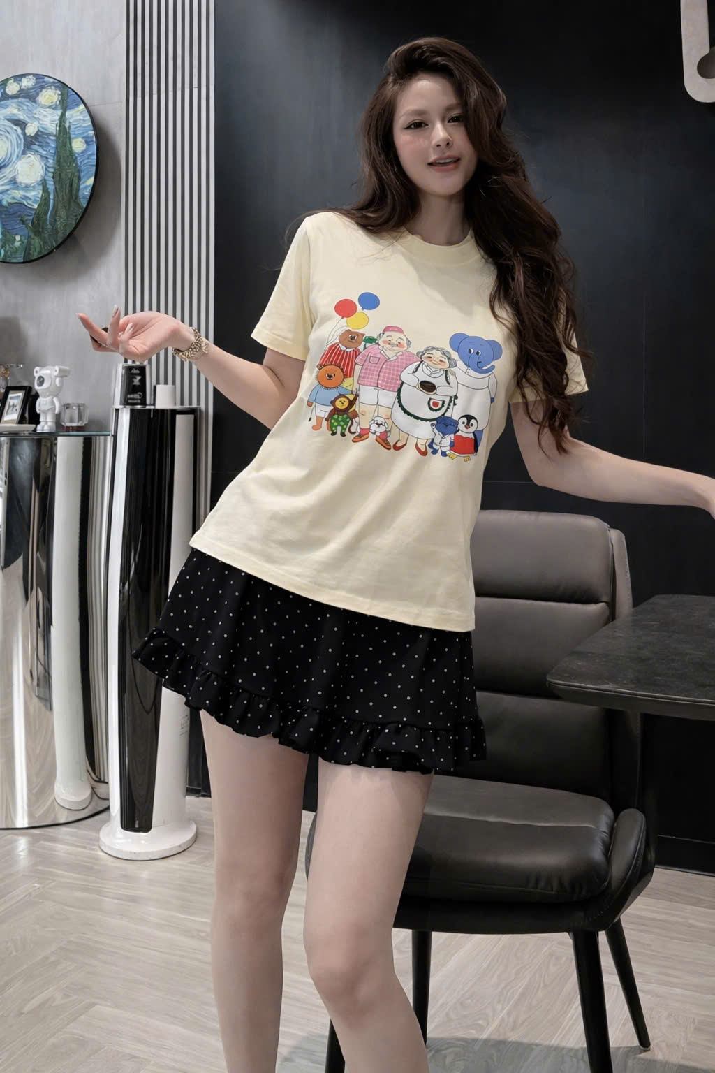 SET918-Set áo thun vàng phối quần váy đen chấm bi