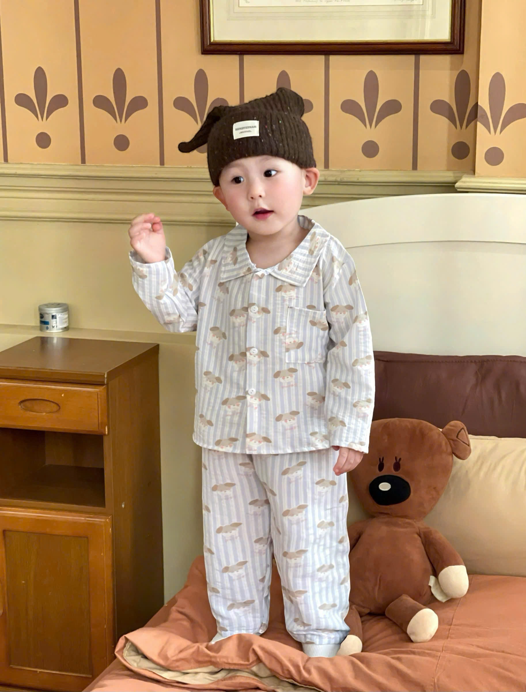 cb413- Combo 2 bộ pijama xanh nhạt 2 viền cổ dài tay