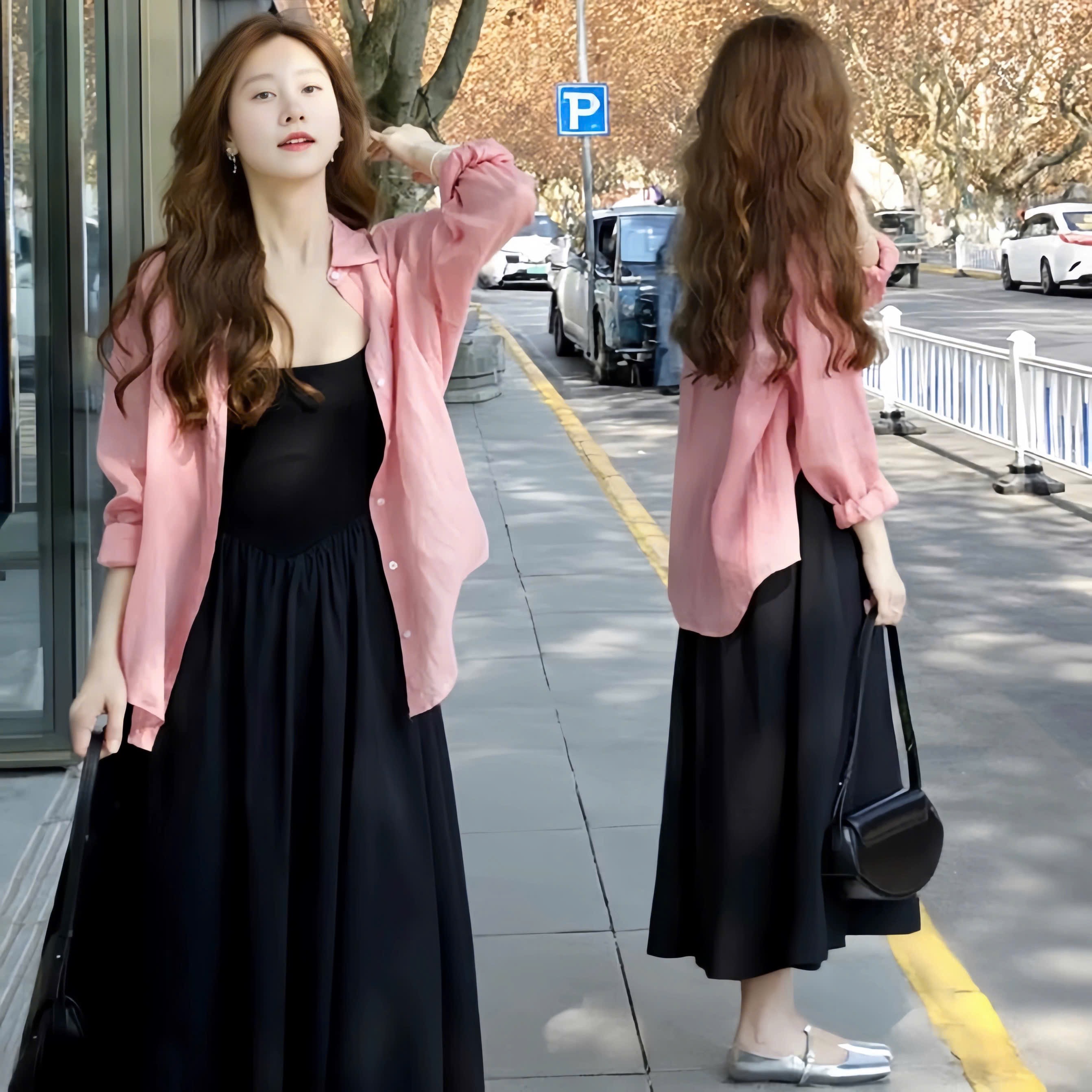 SeT973- Set váy maxi đen phối sơmi hồng