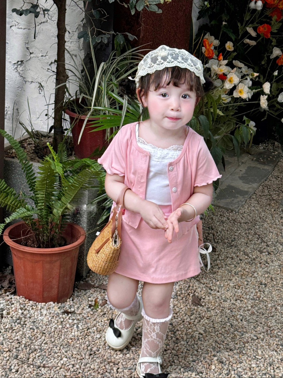 SETKID040-Set hồng 3 chi tiết CV nơ bé gái chất cotton Hàn