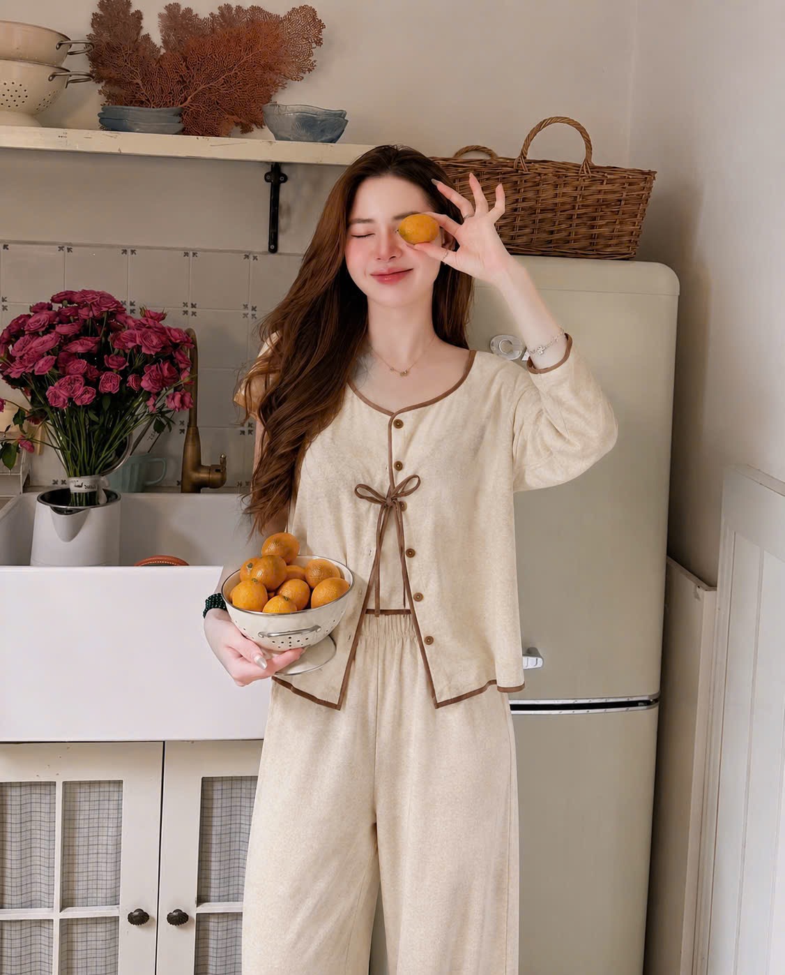 set1034- Set 3 món áo dây có đệm ngực kèm áo khoác và quần suông vải dip lông