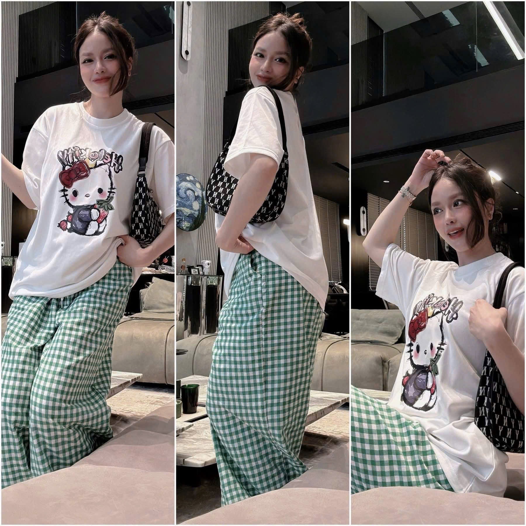 Set901- Set mặc nhà áo thun cộc tay phối quần kẻ xanh suông