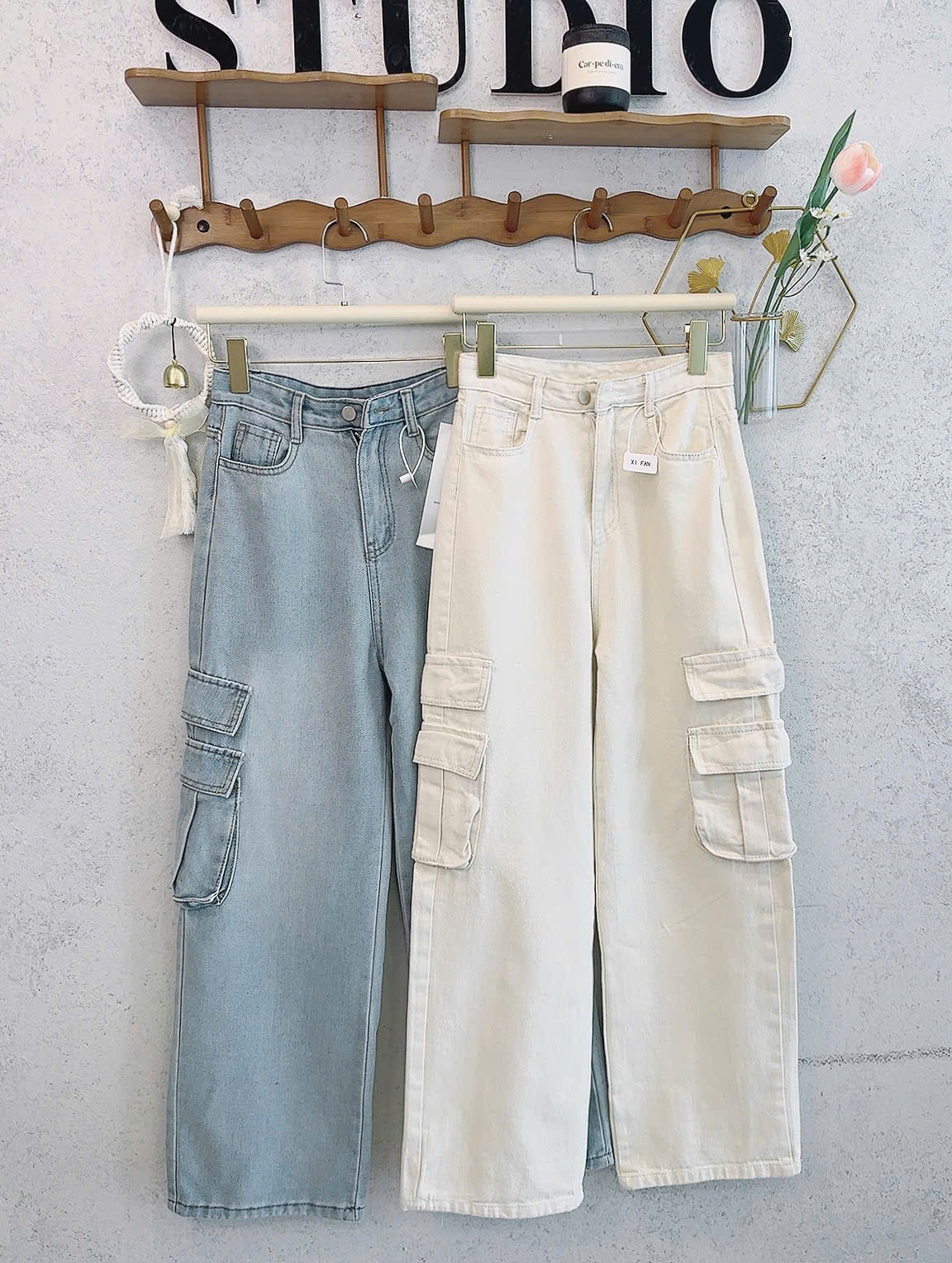 Quan063- QUẦN jean suông túi hộp 2 màu xanh trắng