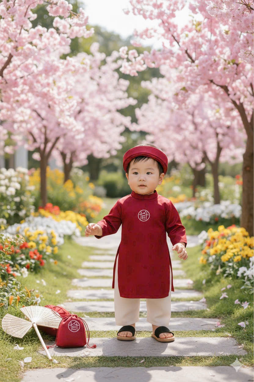 KEM MẤN+TUI - Bt797- Bộ áo dài đỏ bé trai kèm quần lụa trắng