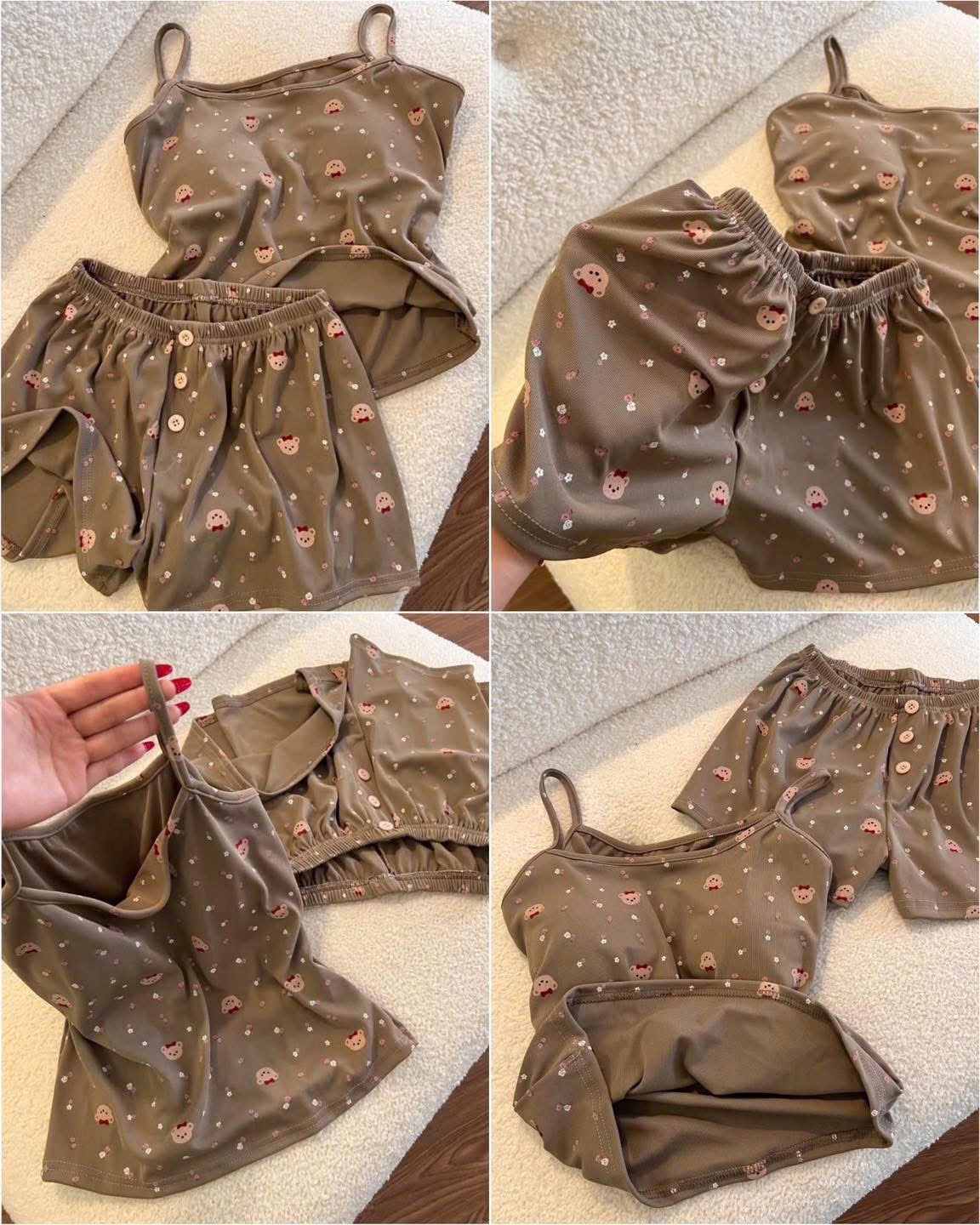 SET920-Set mặc nhà áo nâu 2 dây phối quần short có sẵn đệm ngực