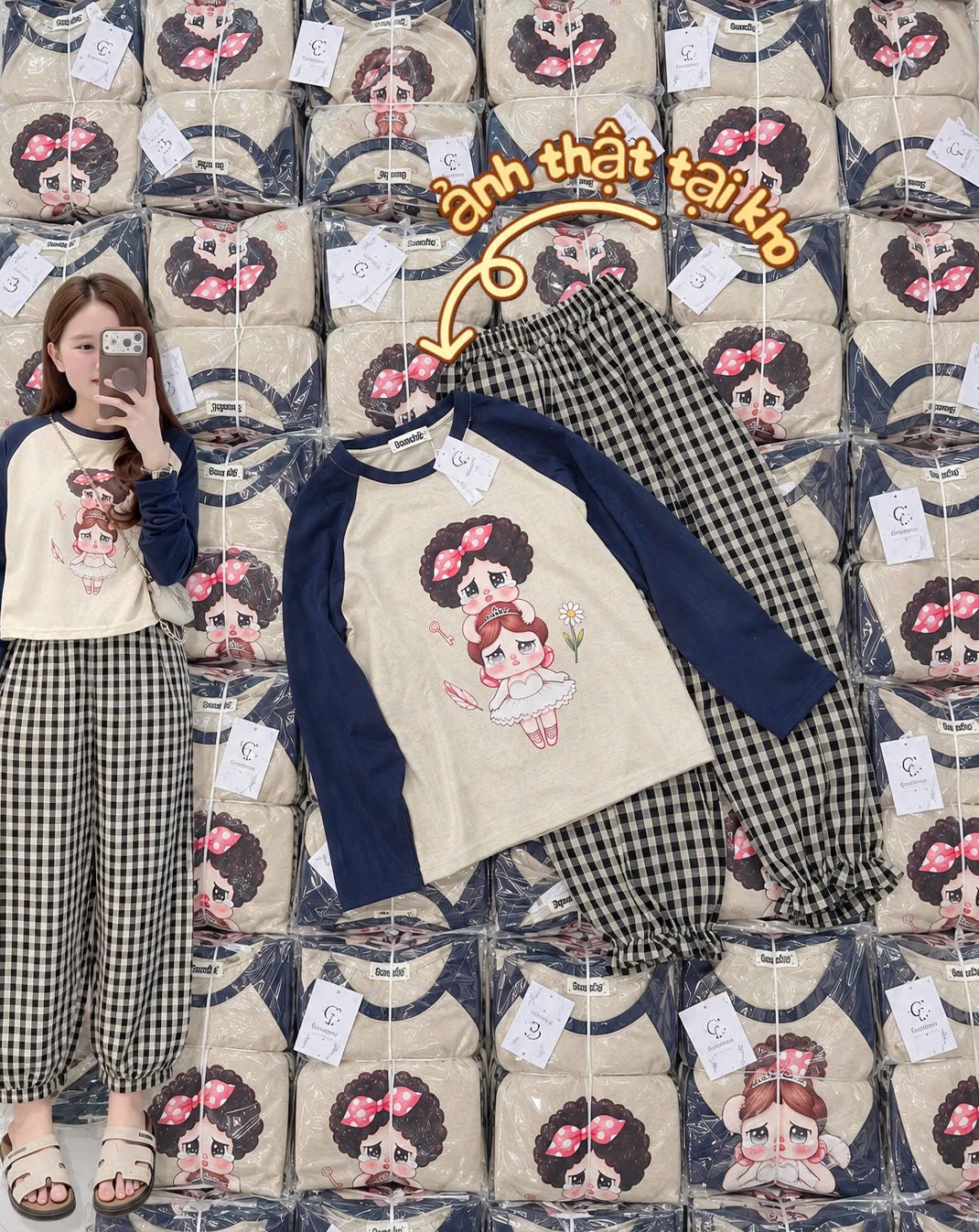 SET1072- Set cố gái KHÓC áo be phối be mix quần kẻ