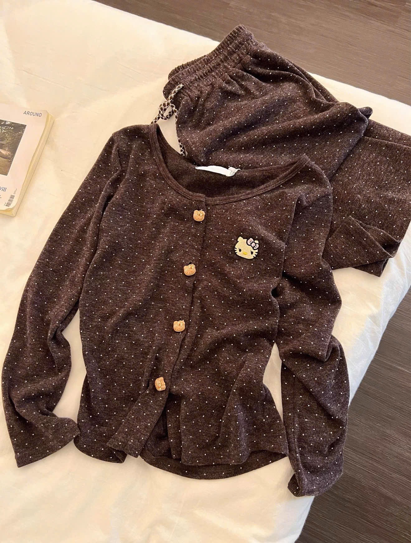 SET857- Set bộ mặc nhà áo díp lông chấm bi nâu phối quần suông TẶNG KÈM  áo 2 dây