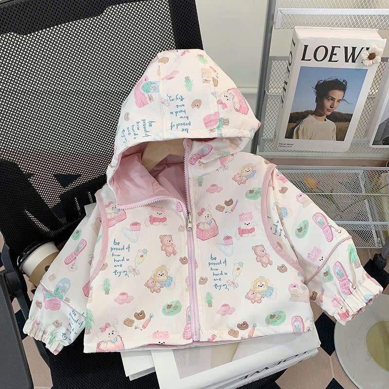 BT1072- Áo khoá gió mặc được 2 mẳ bé gái hoạ tiết in màu hồng