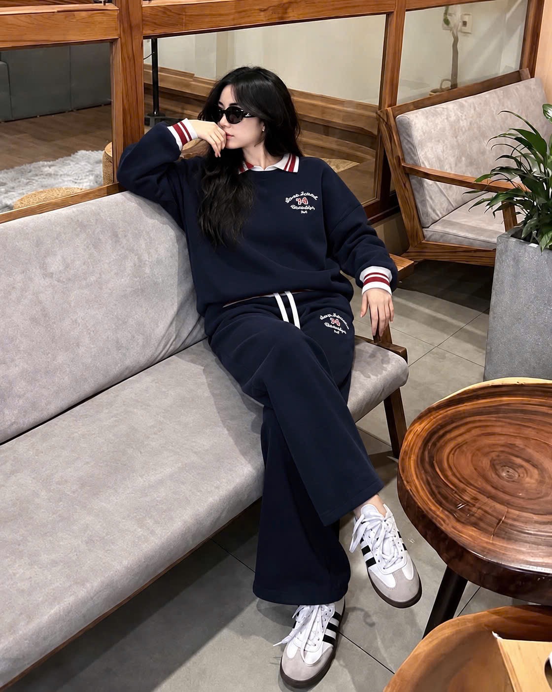 SET814- Bộ nỉ haida xanh than phối viền tay thêu