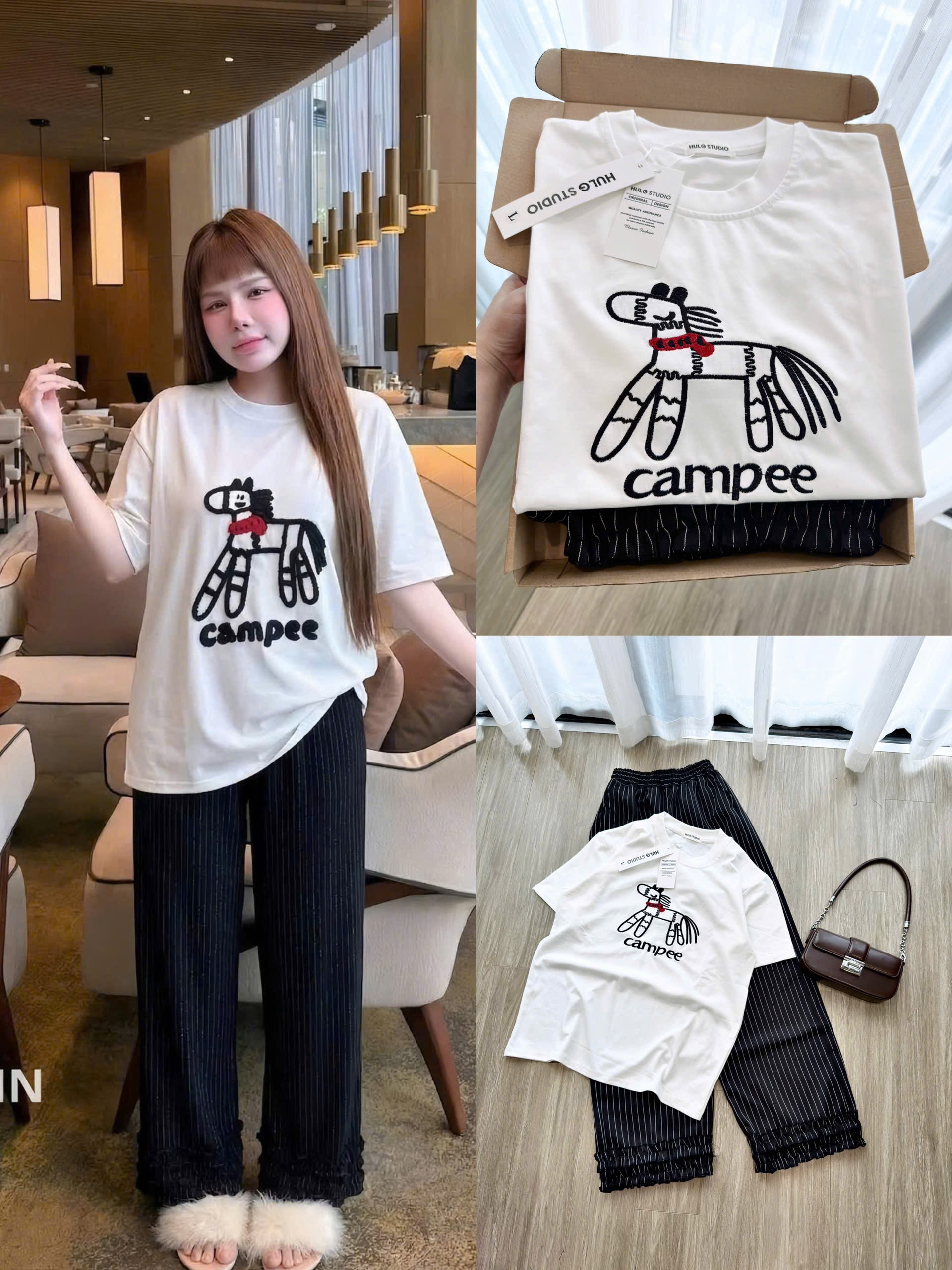 SET904-SEt áo thun cộc trắng phối quần suông kẻ dài đen trắng