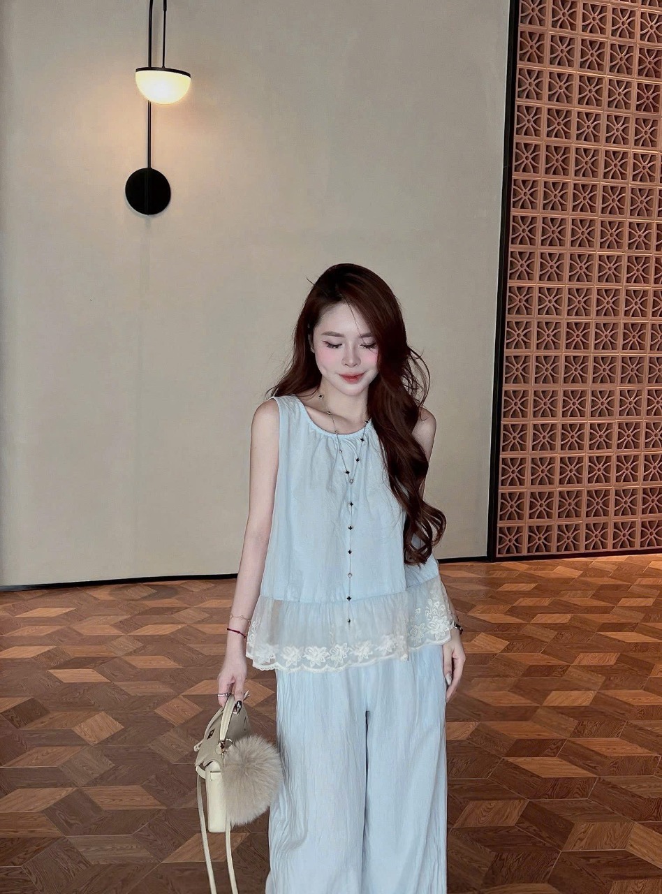 SET995-Set áo đũi xanh phối ren kèm quần suông dài