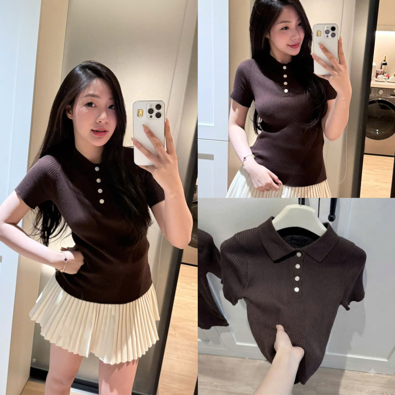 A745-Áo len cộc màu nâu cúc tròn cô đức CAMILLA