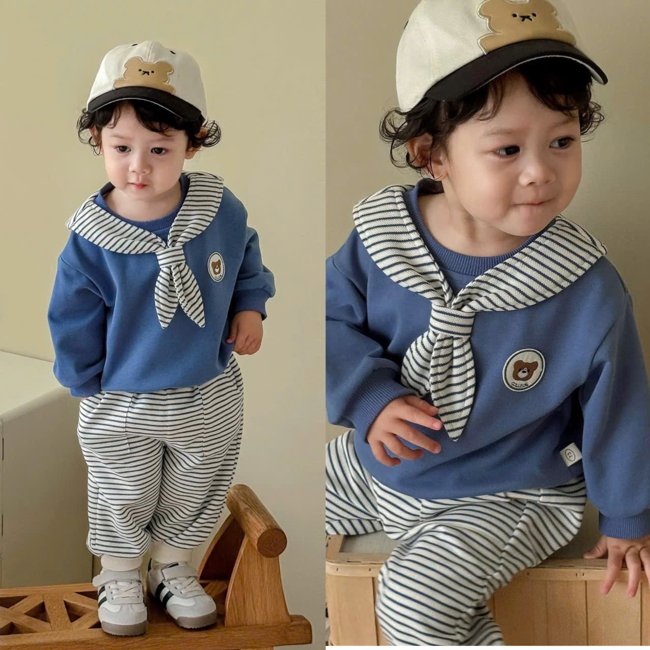 Bt726- bộ thuỷ thủ xanh kèm khăn kẻ rời bé trai