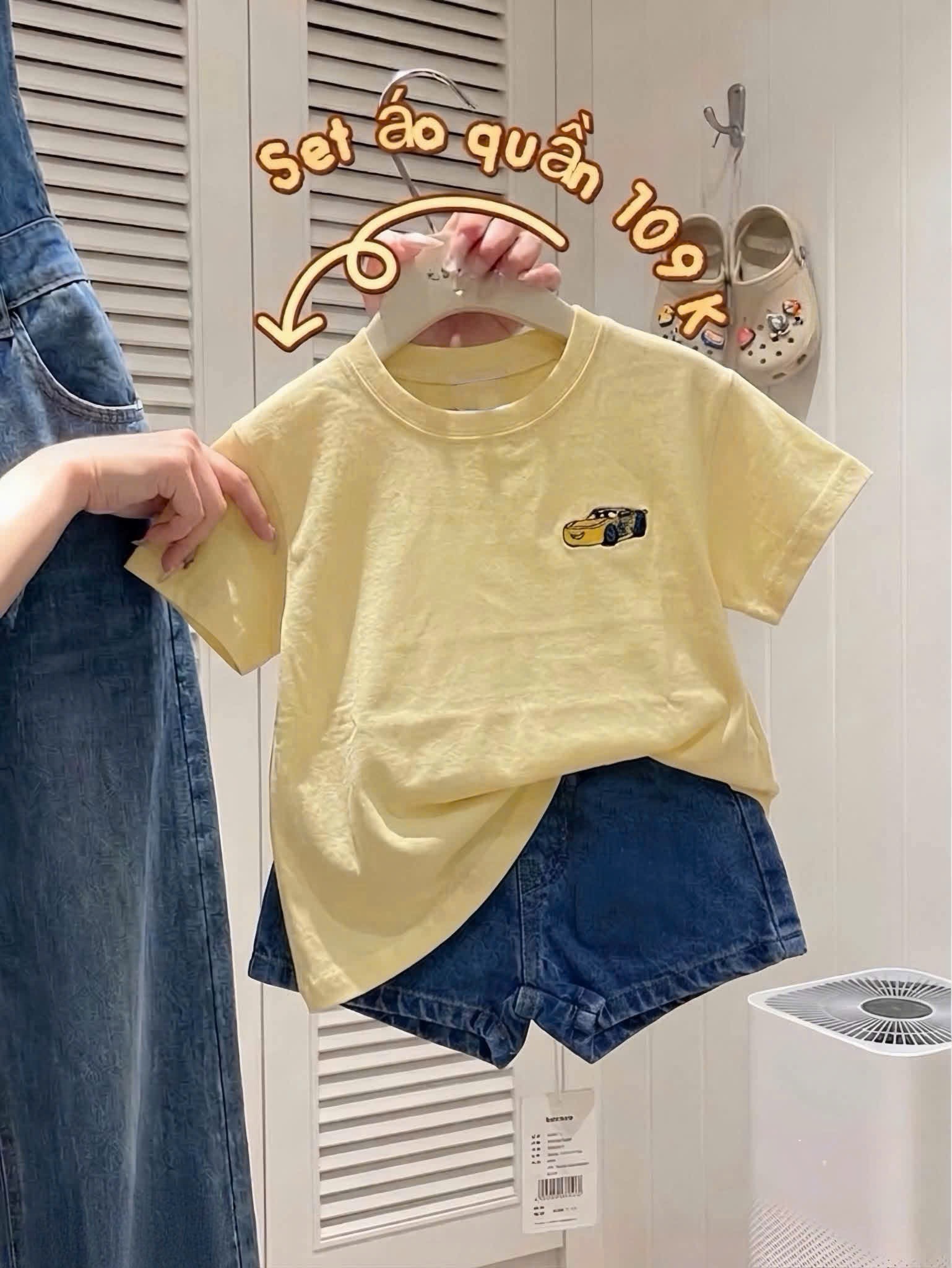 BT1029- Bộ cotton áo cam nhạt mix quần Jeans xanh