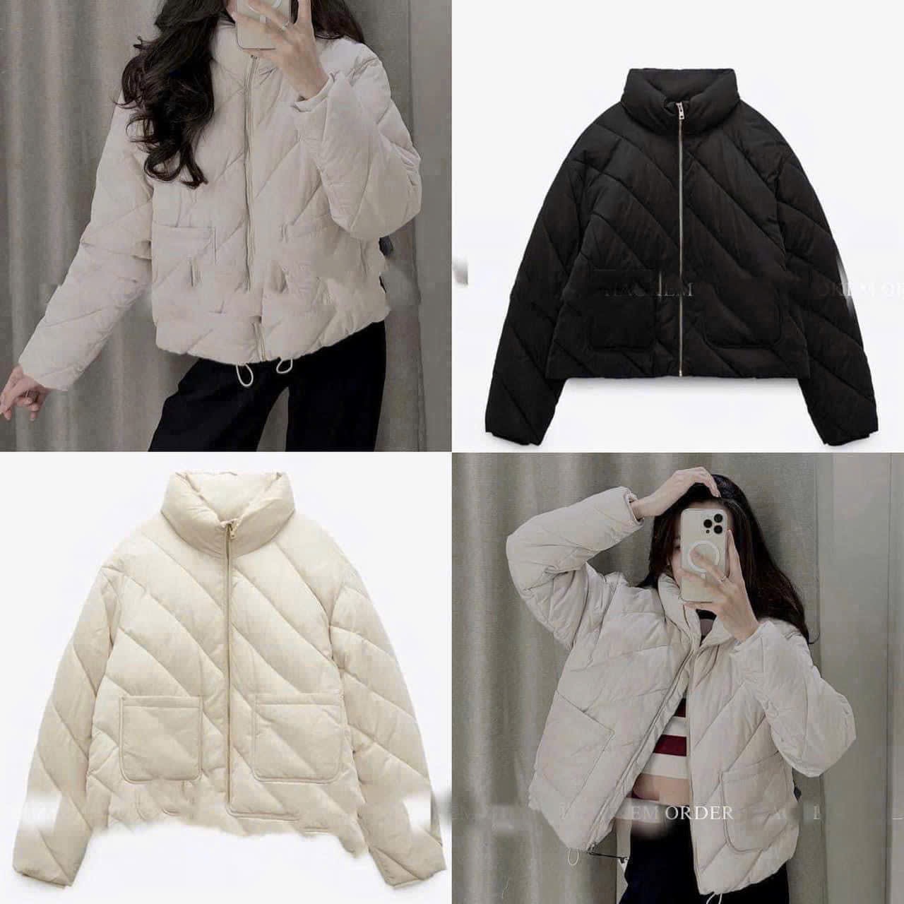 A446- Áo phao trám túi trước 2 màu be đen