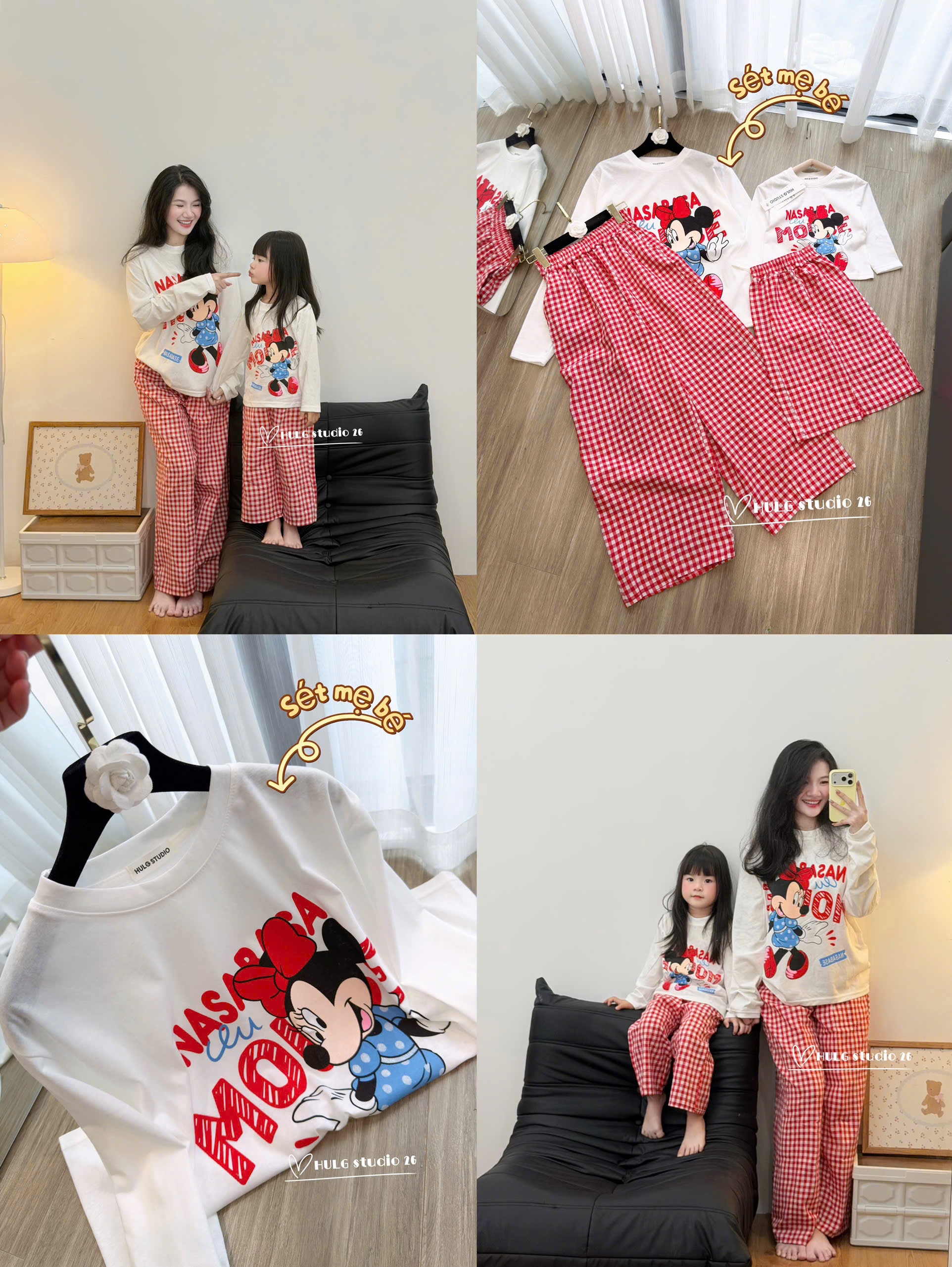 SET1039- Bộ mặc nhà mẹ con áo thun dài tay mickey và quần suông kẻ