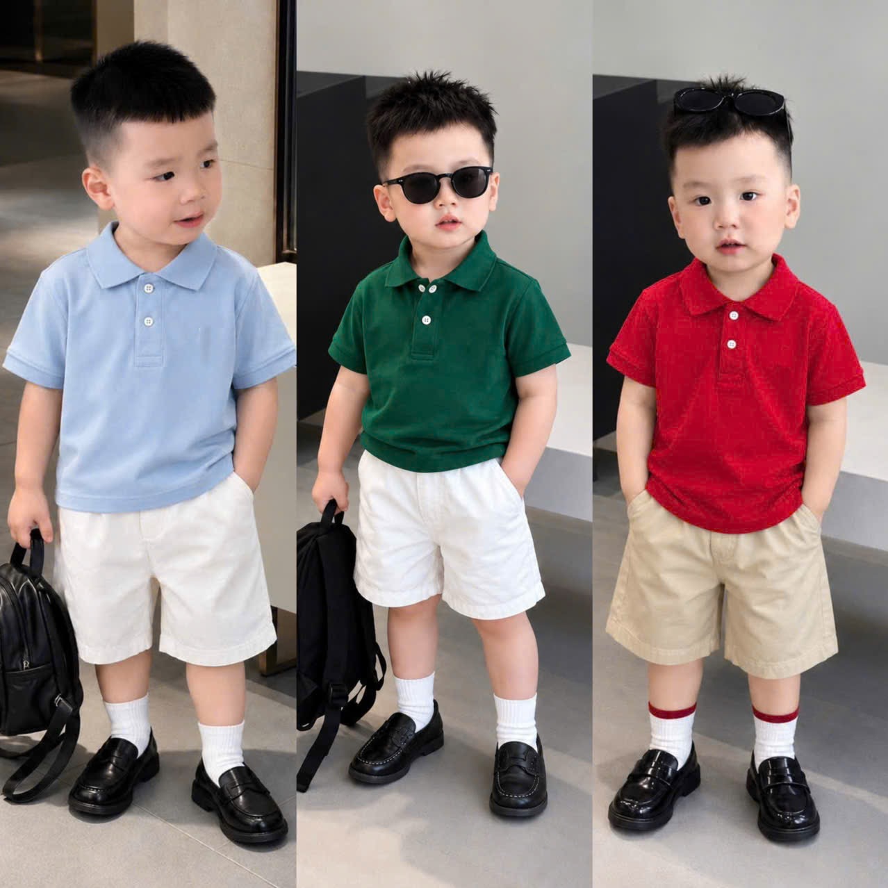 BT1008- Bộ áo polo cộc THÊU N-G.U.Aa  mix quần kaki mềm bé trai