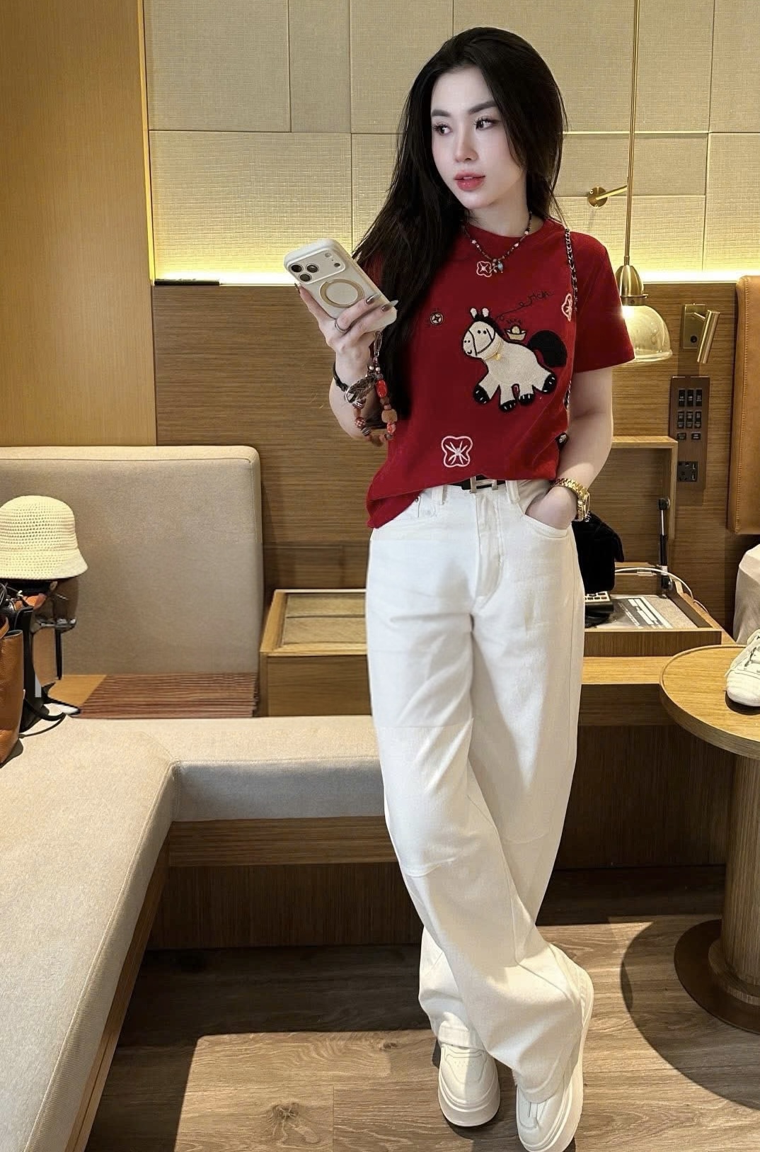 SET849-Bộ áo thun phối quần jean suông đỏ trắng