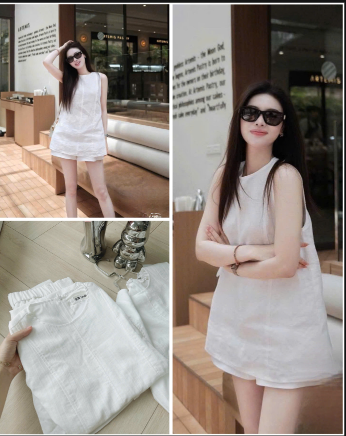 SET1008- Set áo đũi trắng sát nách 2 lớp phối quần short