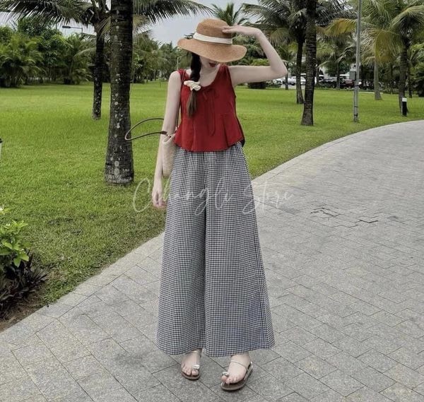SET267-Set áo đũi đỏ mix kèm quần kẻ ống rộng