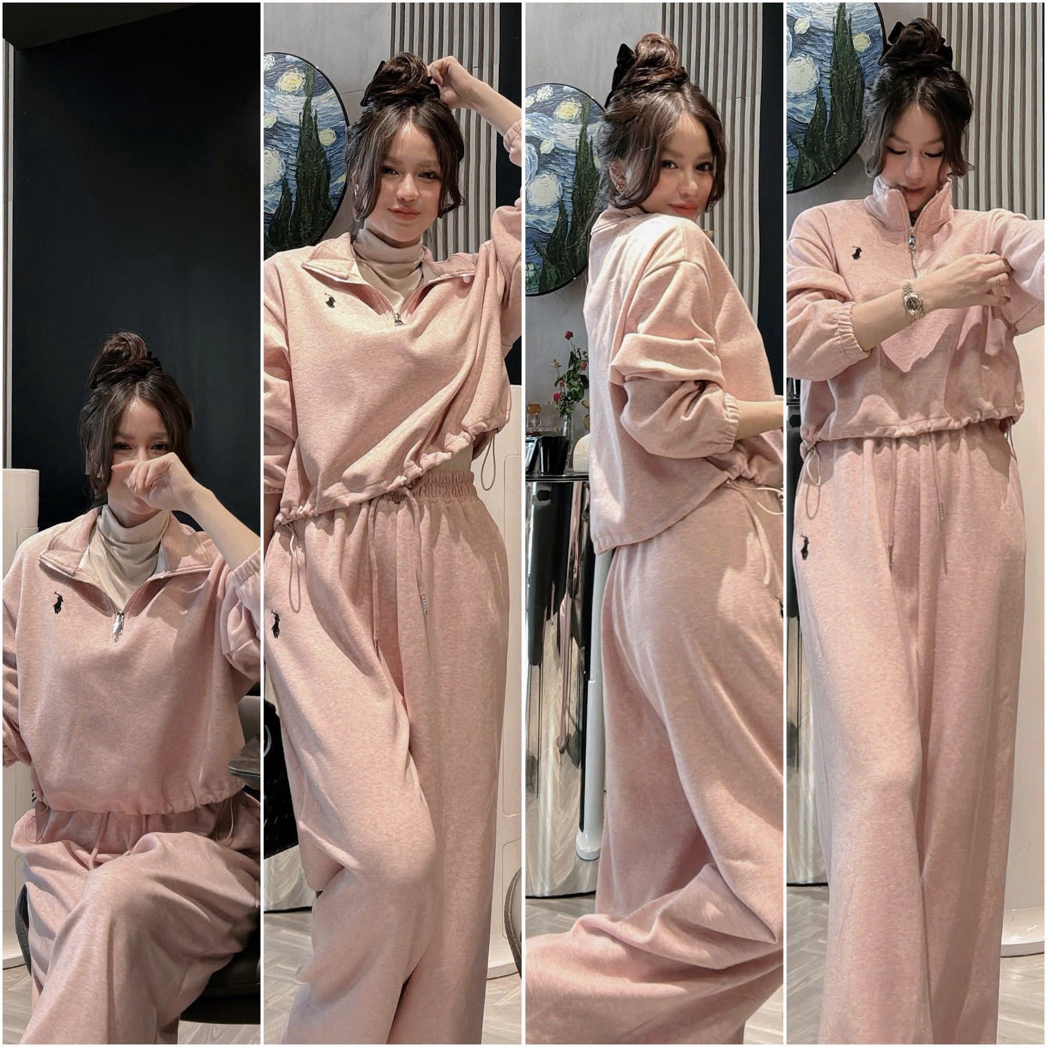 Set797-Set mặc nhà tăm thỏ màu hồng phối quần suông dài