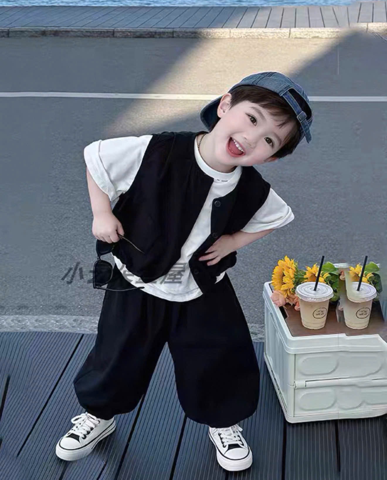 BT995- Set 3 chi tiết áo thun kèm áo gile và quần bo ống bé trai