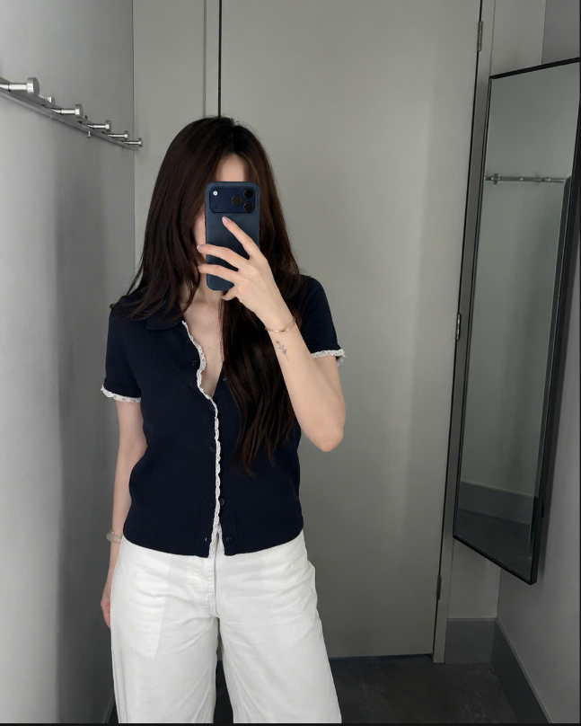 A625-Áo len  dệt kim màu xanh than phối ren Cộc tay cá hàng nhà máy đủ tem