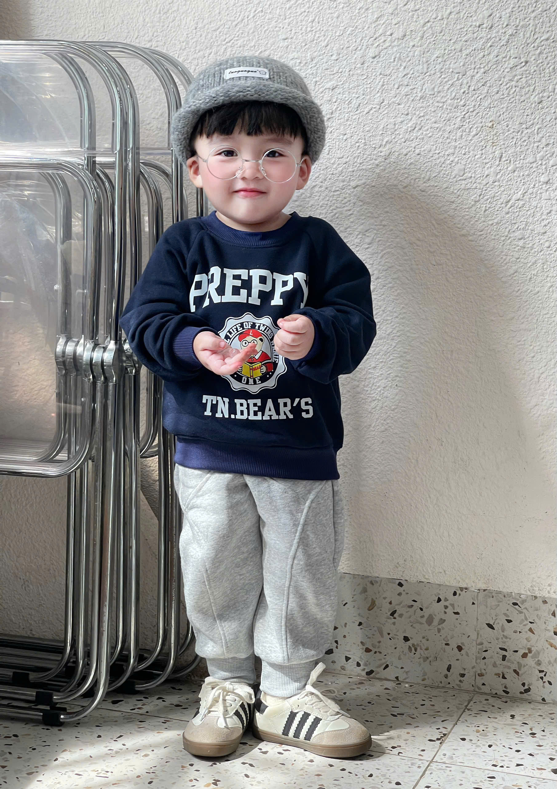 BT693-Bộ nỉ haida xanh than PREPPY phối quần xám cạp chun bé trai