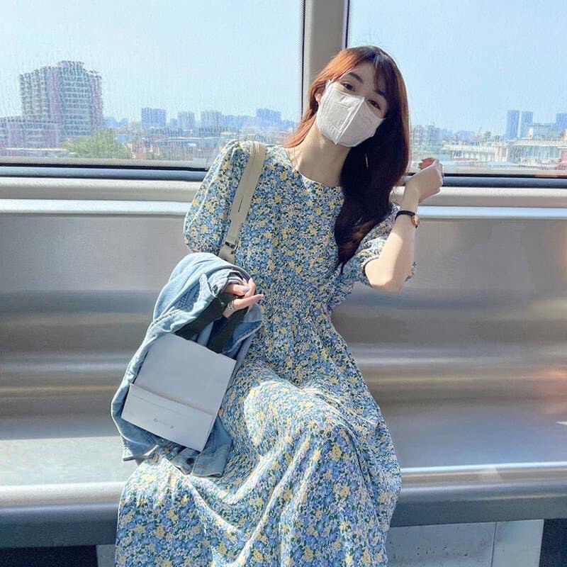 Đầm hở lưng xanh hoa nhí  DAE133  Tiệm Thanh Xuân