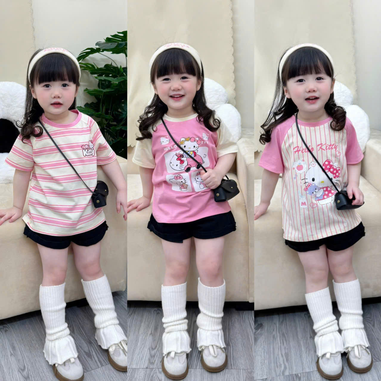 bt877-combo 3 áo tông HỒNG KẺ chất cotton bé gái