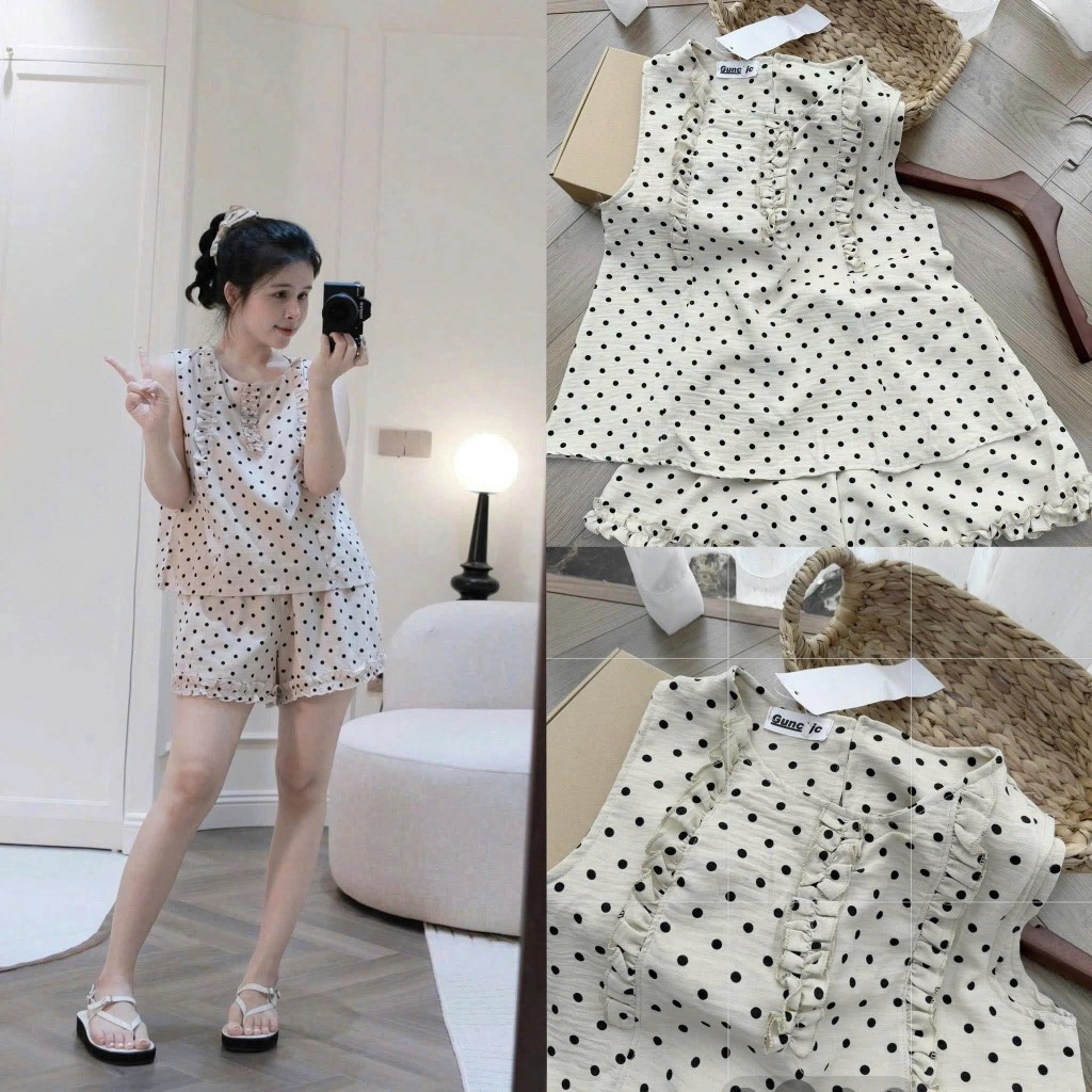 ☘️ SET126- SET BỘ CHẤM BI NƠ CỔ V PHỐI REN 💎