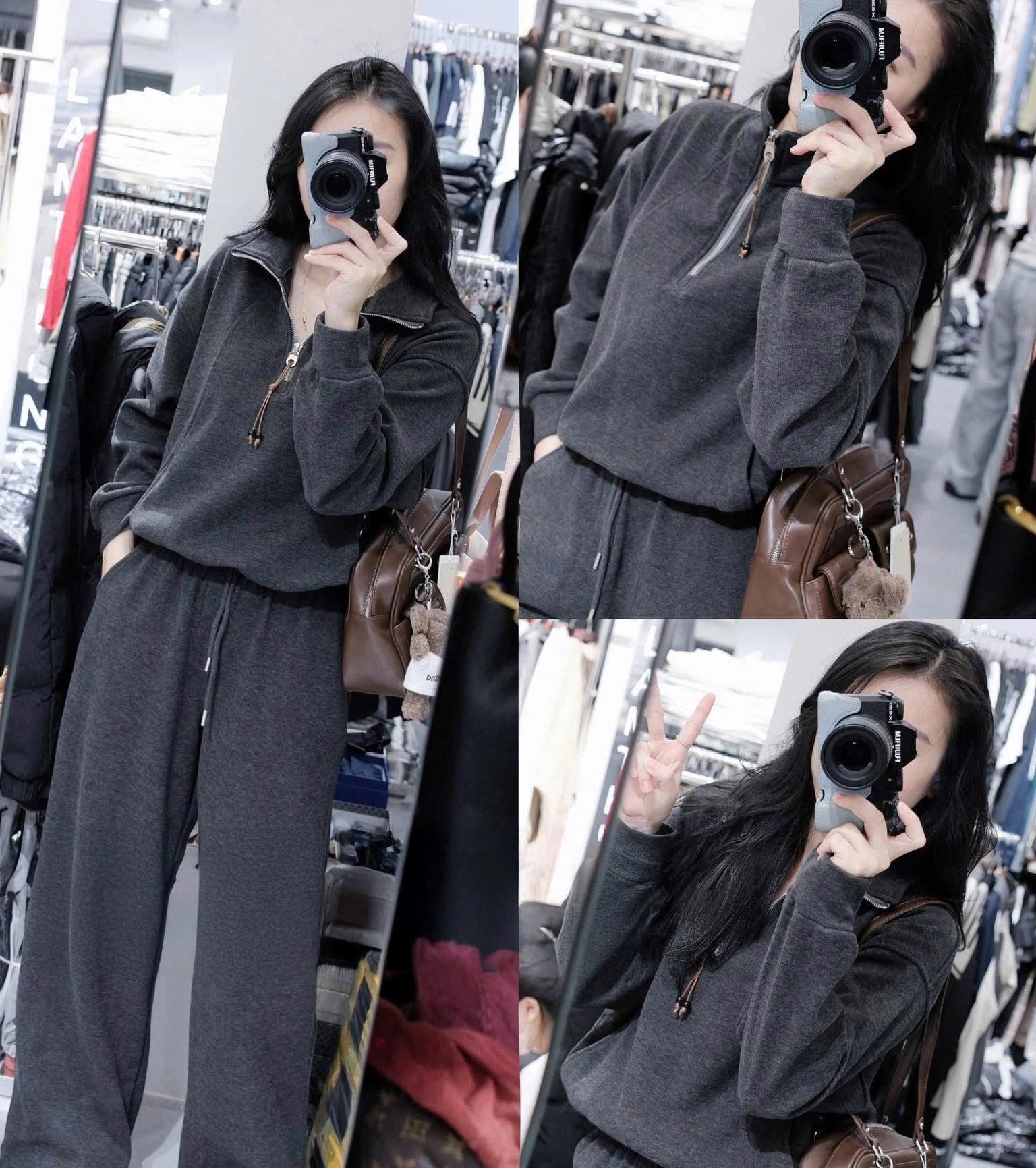 SET847-Bộ nỉ xám haida phối quần suông 2 màu xám be