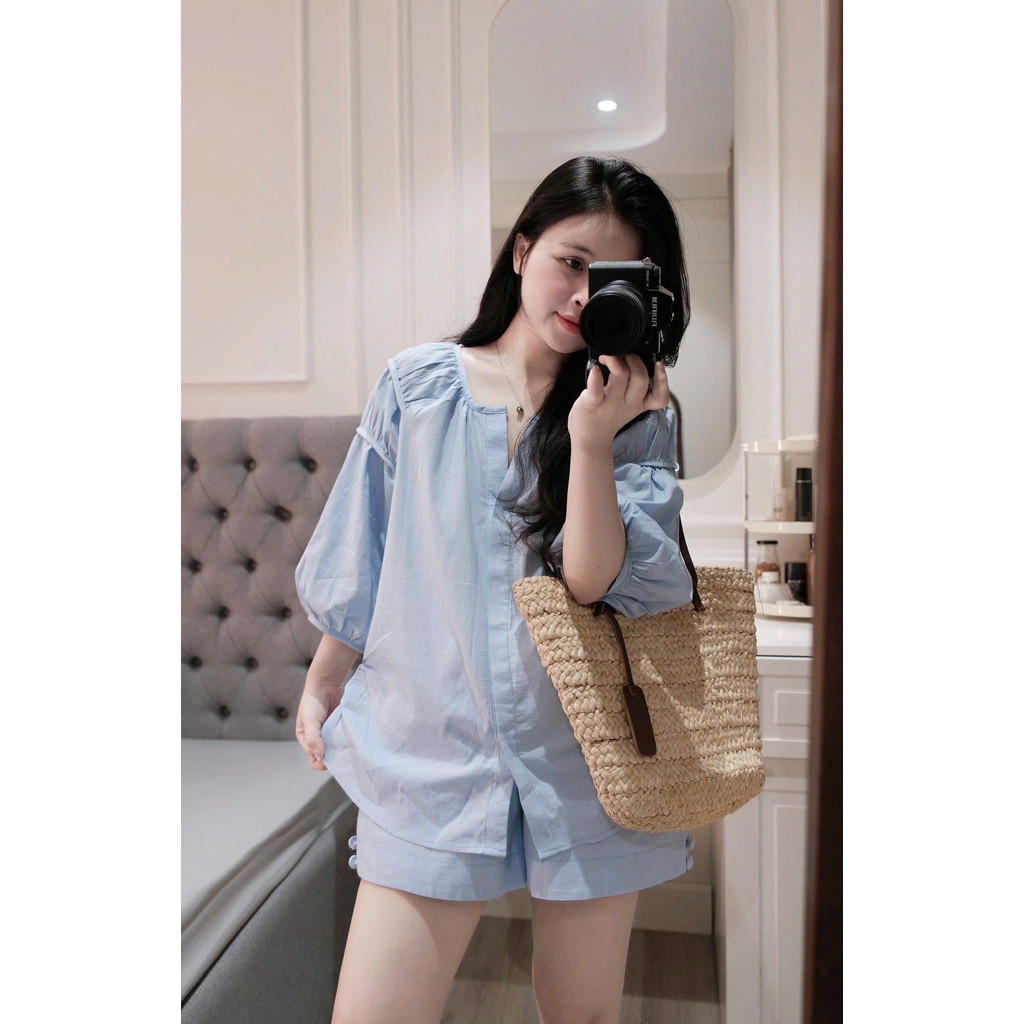 SET912-Set đũi linen màu xanh và vàng áo tay lỡ bồng