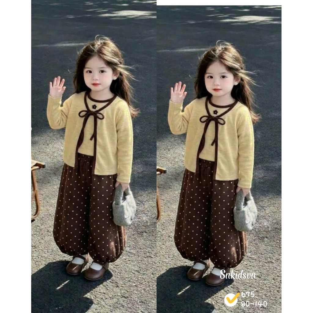 damgai17- Set áo cadigan vàng phối quần bia chấm bi màu nâu cho bé gái