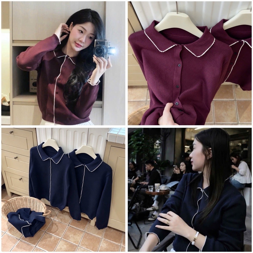 A444- Áo len xanh viền trắng nhà máy full tem