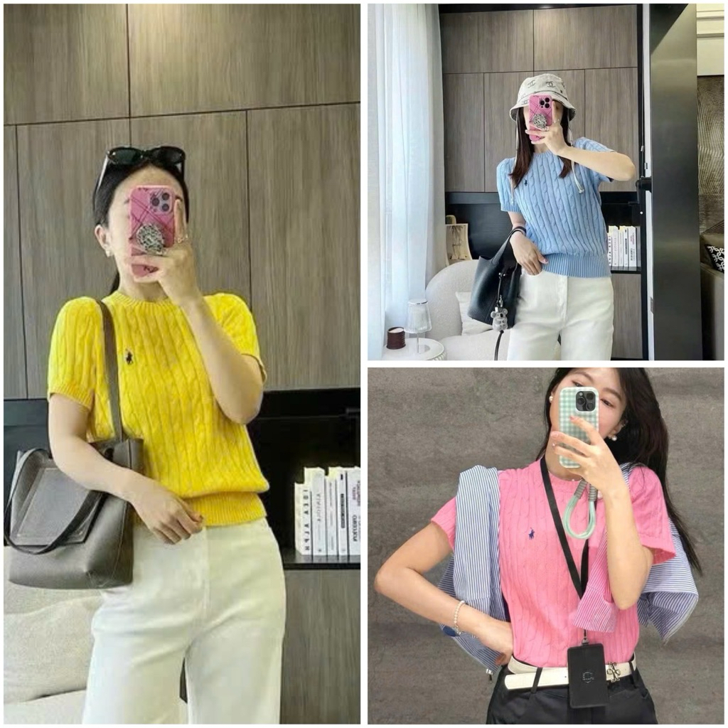 A520-Áo len dệt kim cộc tay màu hồng thêu ngựa mẫu mới