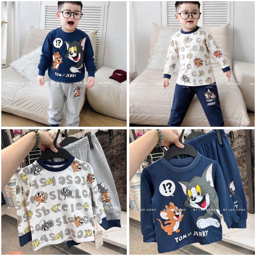 BT1017- Combo 2 bộ thun dài tay mèo Tom xanh trắng  chuẩn Minibebe