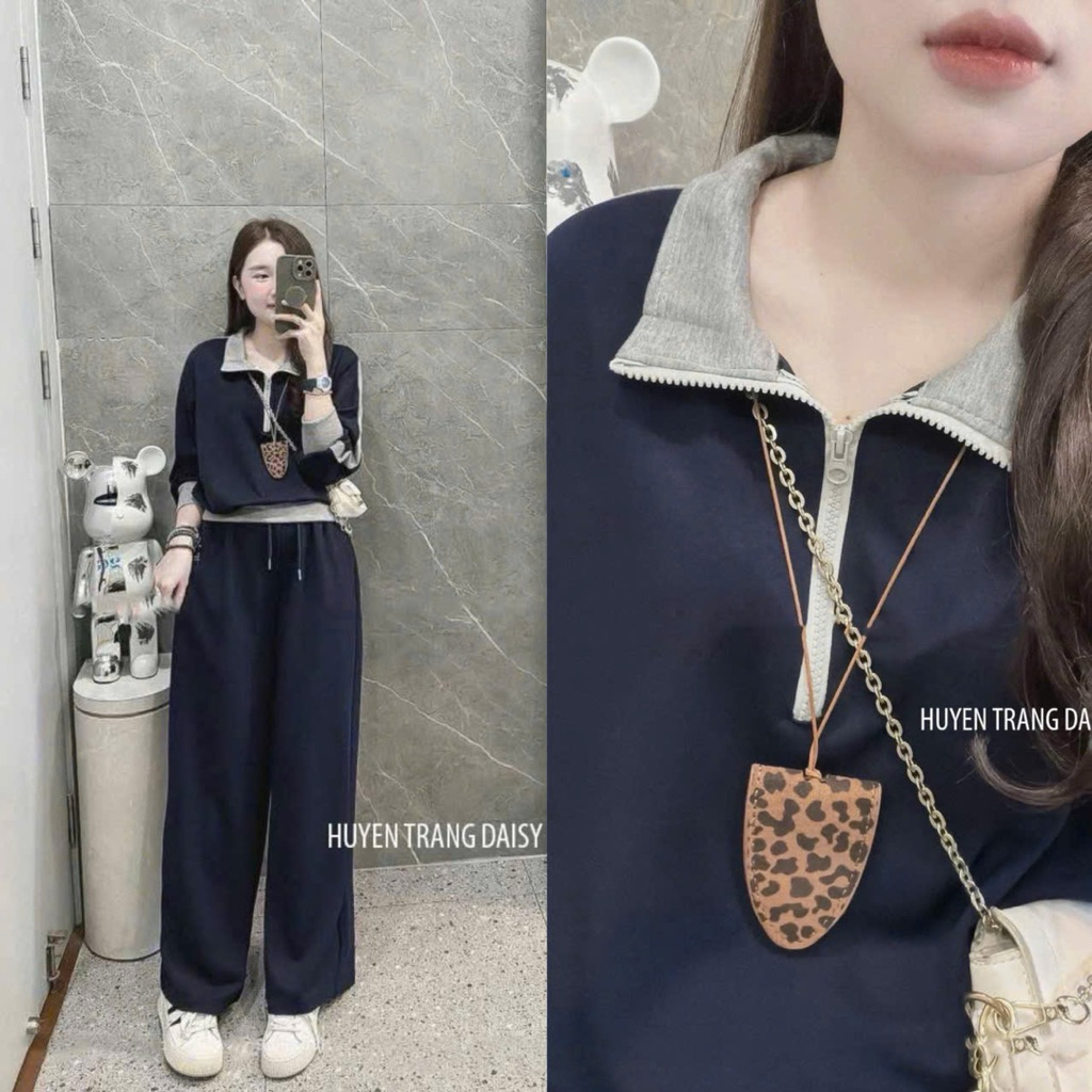 Set791- Set bộ nỉ haida màu than áo dây rút cổ cao- quần suông