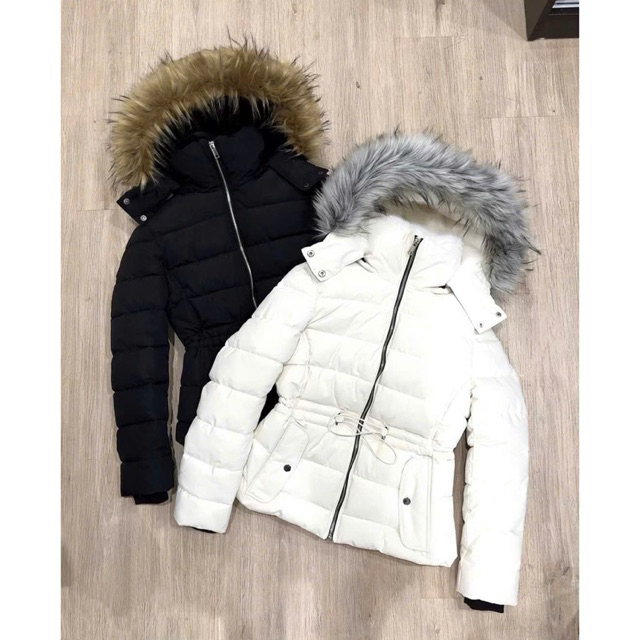 A166-Áo khoác phao lót lông có mũ 2 màu đen,be siêu ấm