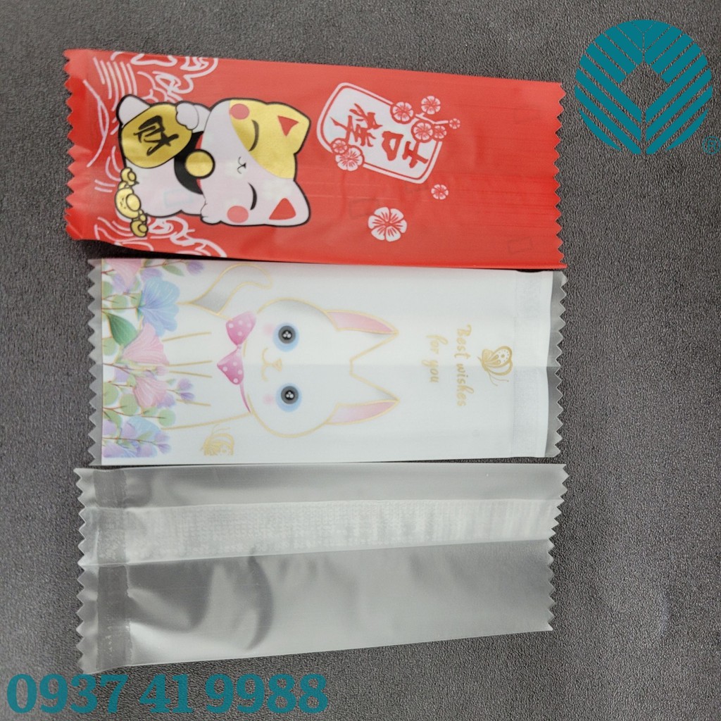 Túi hàn kẹo nougat 4x9.5cm mèo thần tài đỏ (Xấp 100)