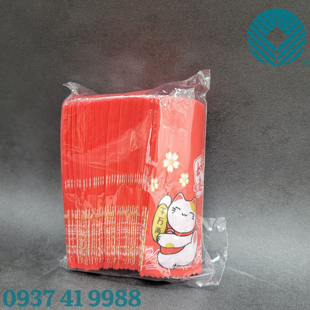 Túi hàn kẹo nougat 4x9.5cm mèo thần tài đỏ (Xấp 100)