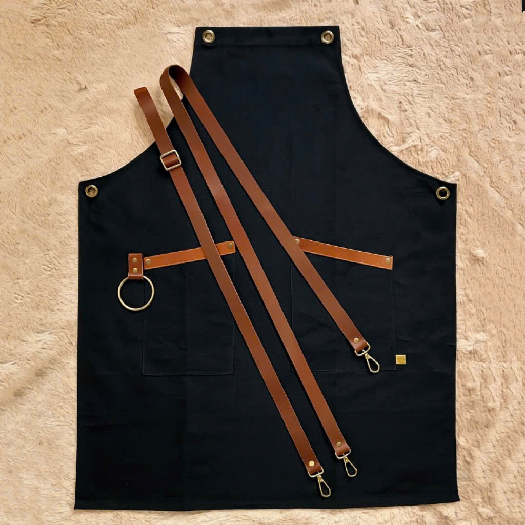 Tạp dề vải ghi dây da - Kaki