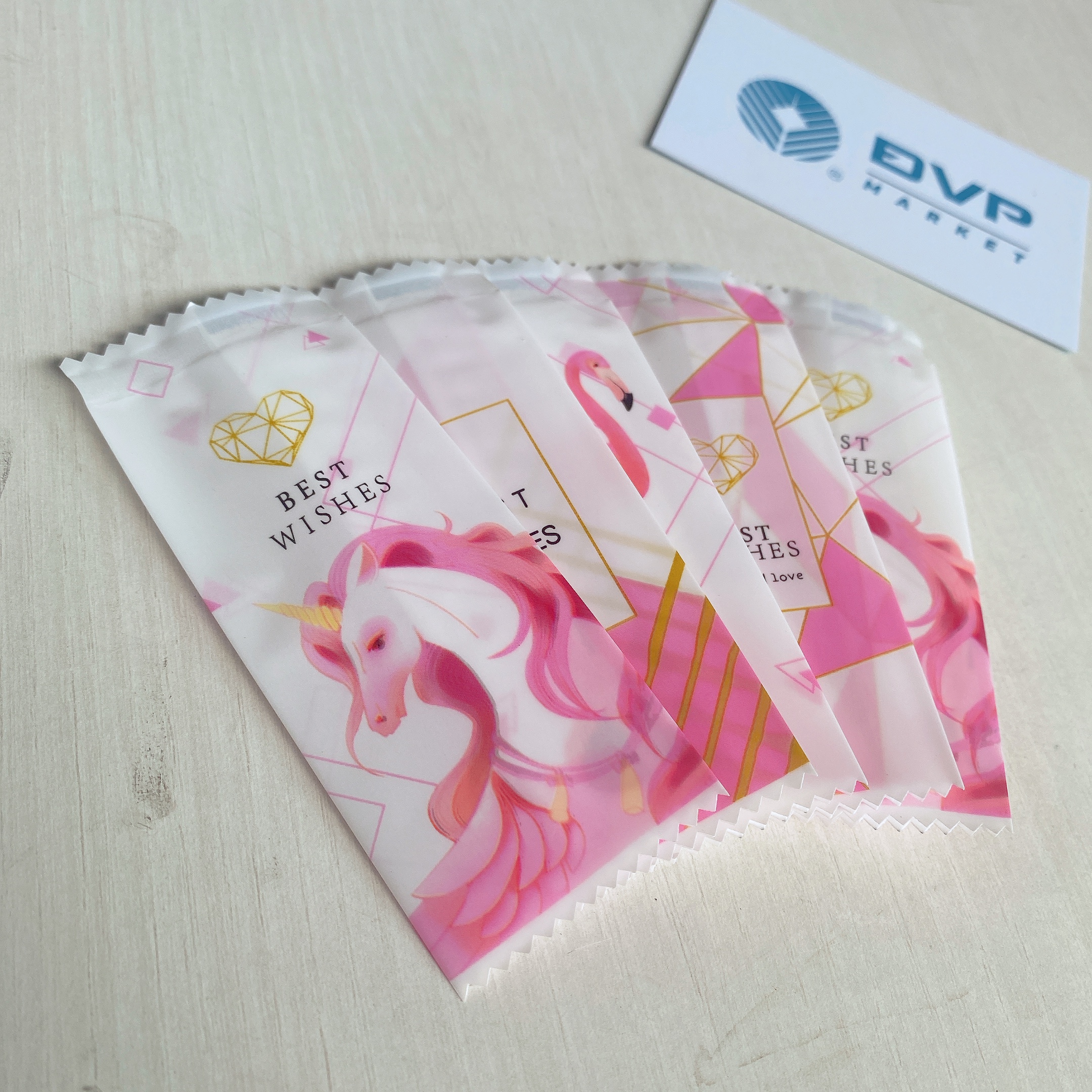 Túi hàn kẹo nougat 4x9.5cm hạc hồng (Xấp 200)