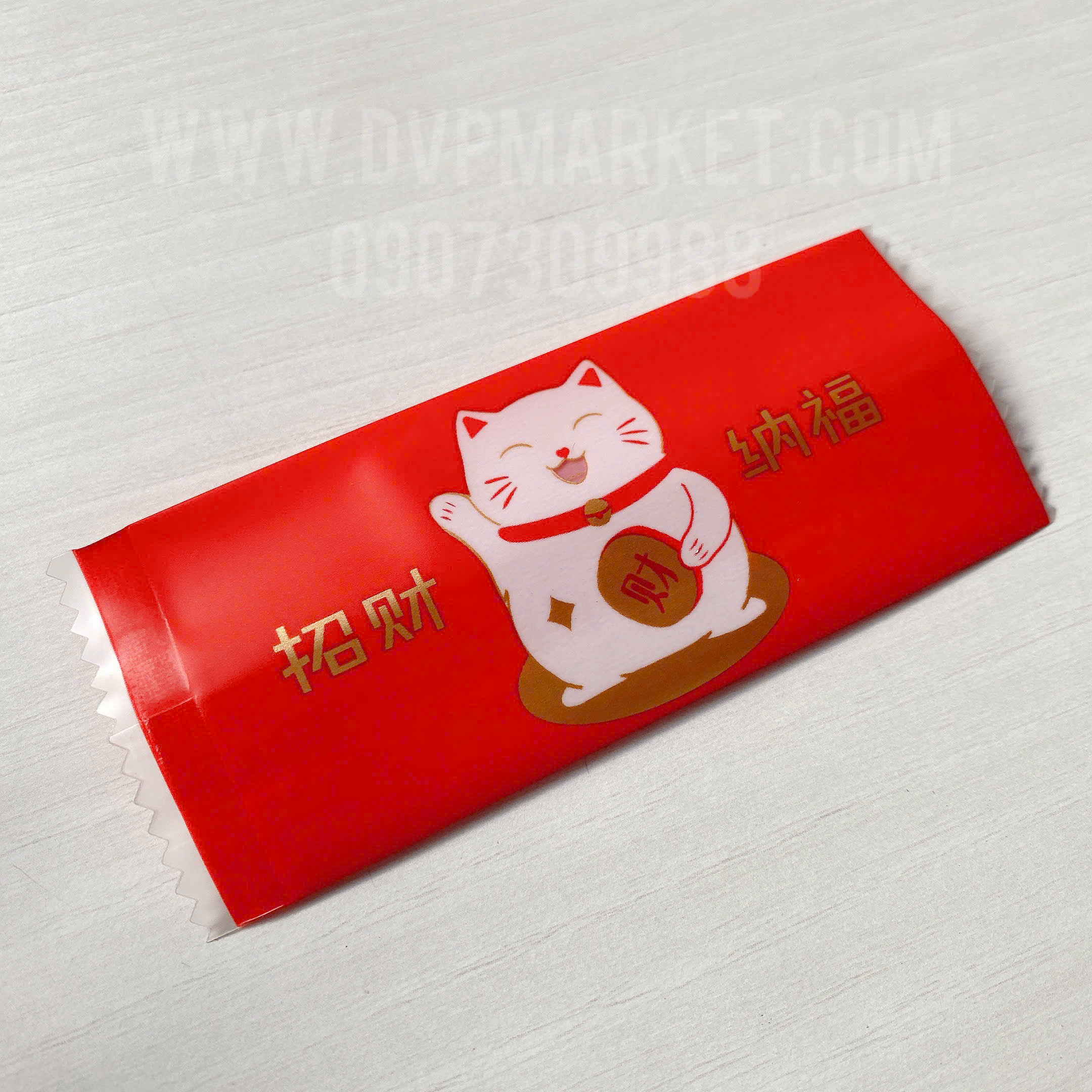 Túi hàn kẹo nougat 4x9cm Thần Tài 3 màu đỏ vàng trắng (Xấp 100)